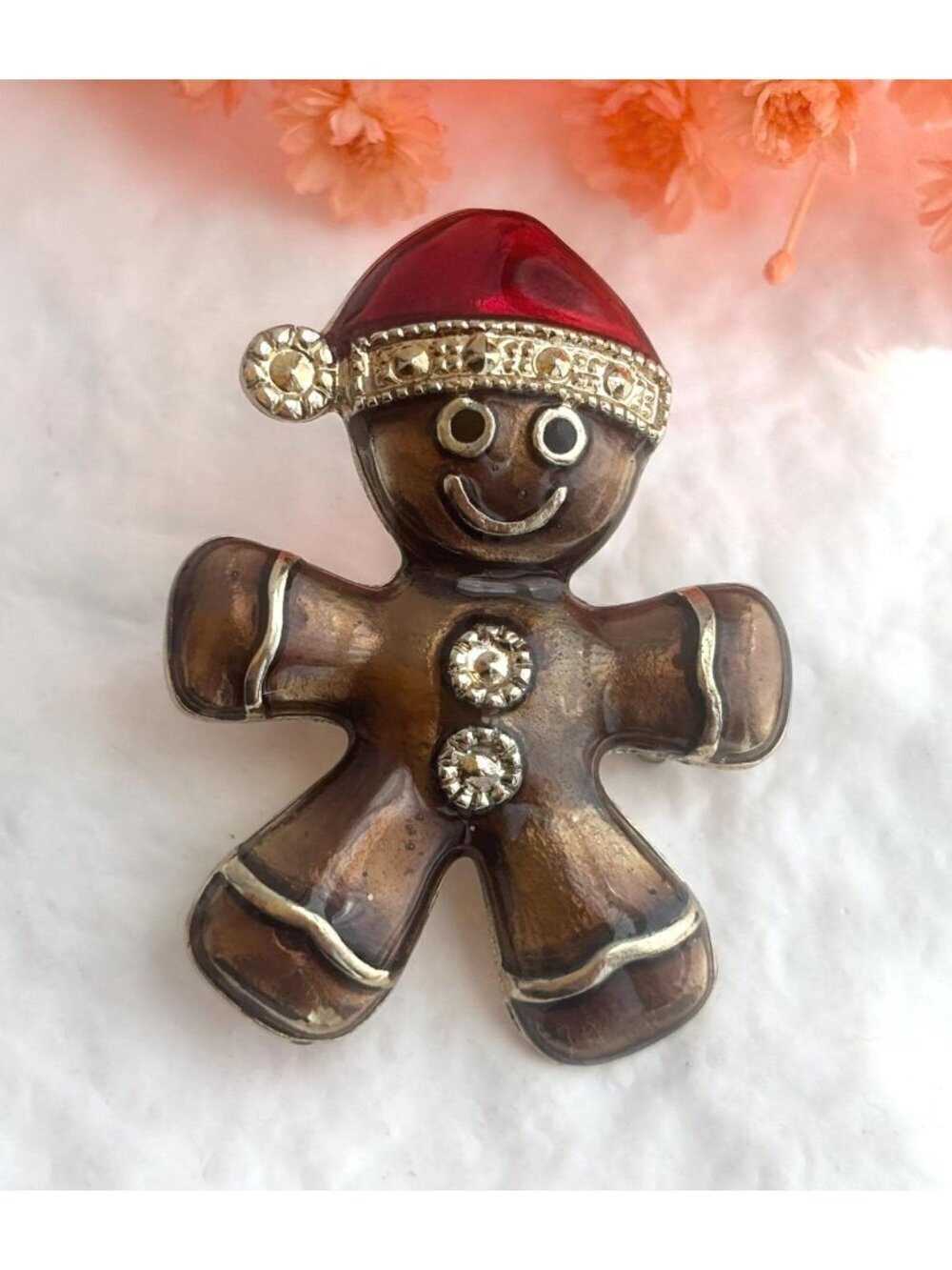 Gingerbread Man Cookie Shaped Holiday Themed 80's Gold T Vintage Costume Brooch